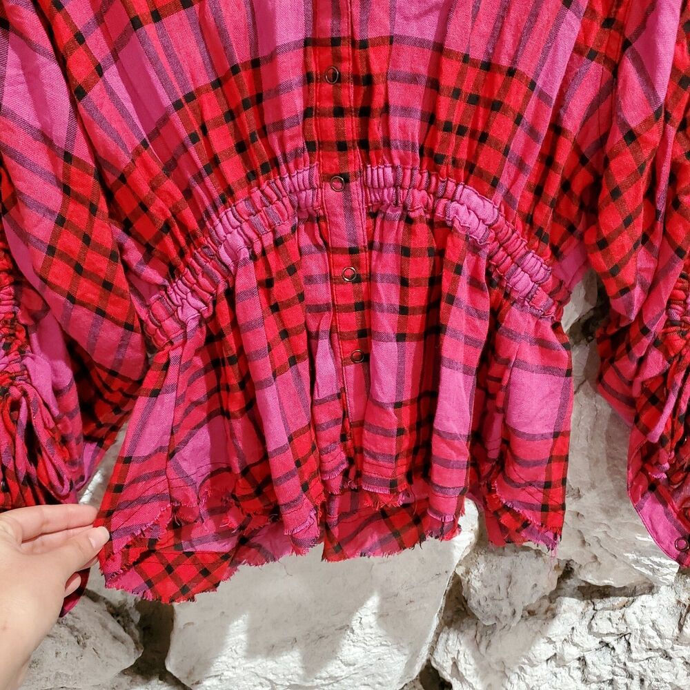 Free People Peplum Pacific Dawn Cinched Plaid Shirt Top Flannel XS New Women's - Picture 4 of 7